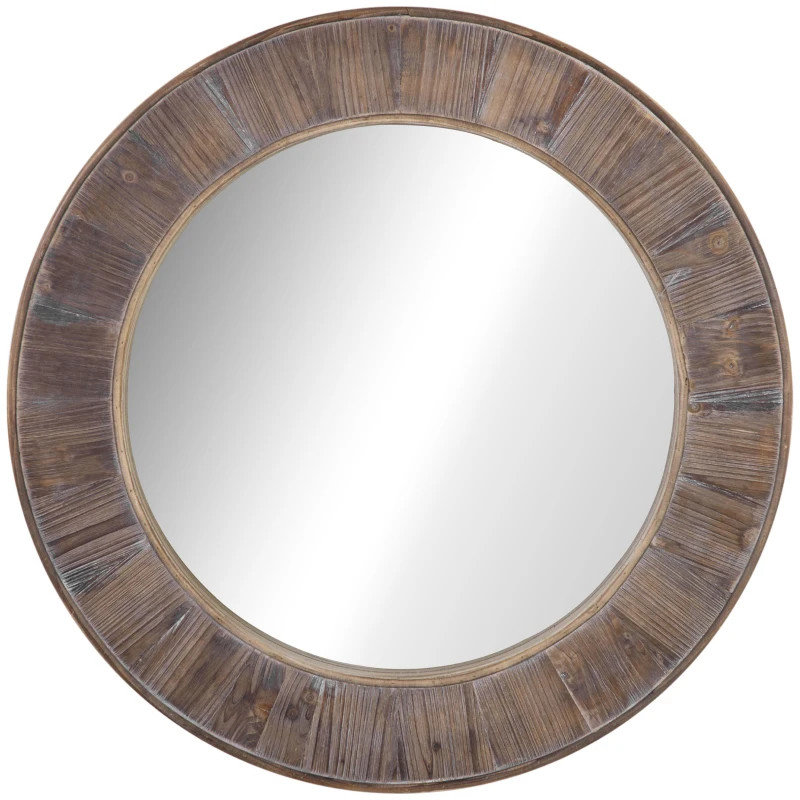 HOMCOM 31" Farmhouse Wood Wall Mirror, Decorative Round Mirror for Wall Decor in Living Room, Bedroom, Rustic Brown