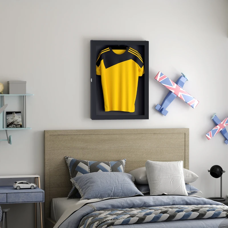 HOMCOM 32" x 24" Wooden Wall Mounted Jersey Memorabilia Shadow Box Display Case with Latch - Black