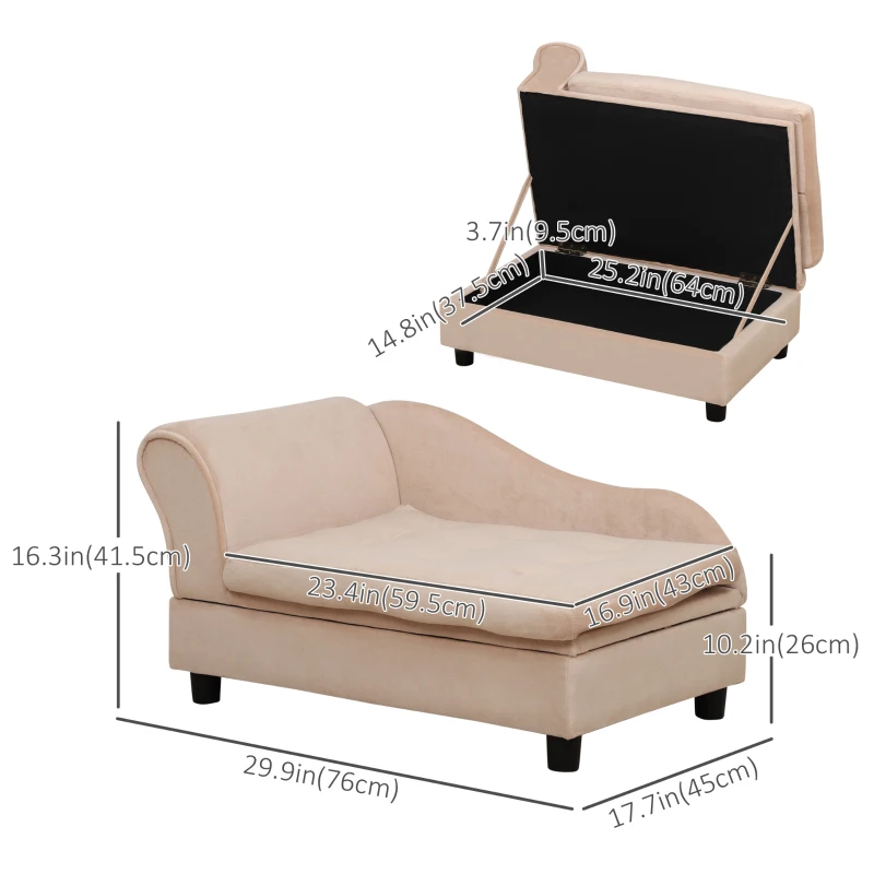 PawHut Pet Sofa Dog Couch Chaise Lounge Pet Bed with Storage Function Small Sized Dog Various Cat Sponge Cushioned Bed Lounge, Beige