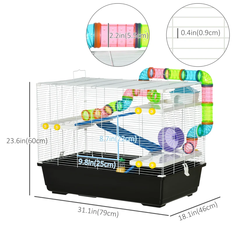 PawHut 31" Large Hamster Cage, Small Animal House, Multi-storey Gerbil Haven, Tunnel Tube System, with Water Bottle, Exercise Wheel, Food Dish, Ramps, Black