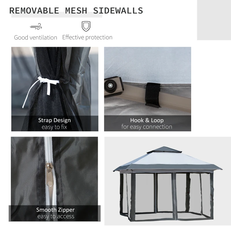 Outsunny 12'x12' Heavy Duty Pop Up Canopy with Center Lift Hook Design, Mesh Sidewall Netting, 3-Level Adjustable Height, Grey