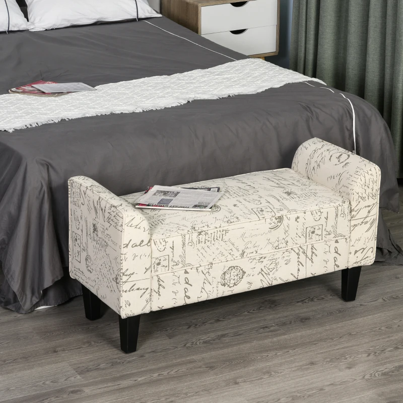 HOMCOM 42" Ottoman Bench, Modern Linen Armed Entryway Bench, Signature Print with Cream White Parchment Background