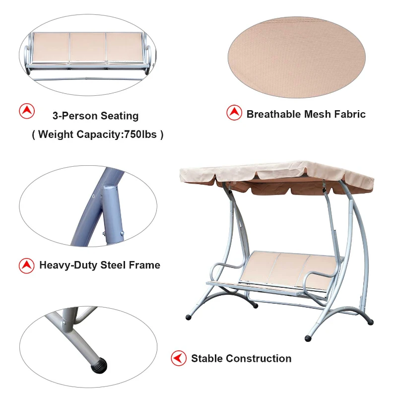 Outsunny 3 Seat Metal Swing Chair Hammock w/ Canopy Cover Heavy Duty Patio Garden Outdoor Beige