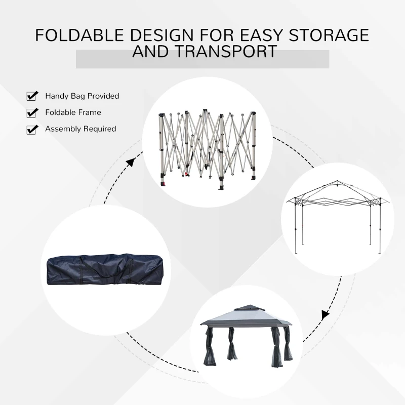 Outsunny 12'x12' Heavy Duty Pop Up Canopy with Center Lift Hook Design, Mesh Sidewall Netting, 3-Level Adjustable Height, Grey