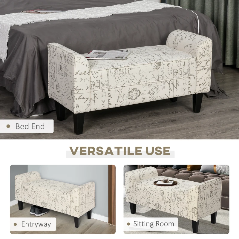 HOMCOM 42" Ottoman Bench, Modern Linen Armed Entryway Bench, Signature Print with Cream White Parchment Background