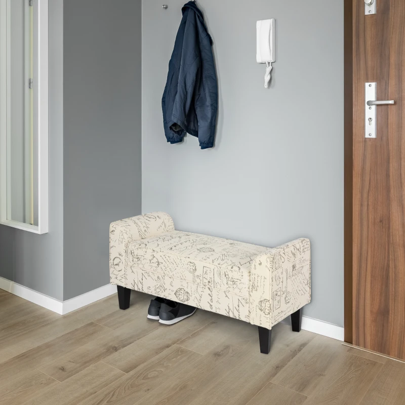 HOMCOM 42" Ottoman Bench, Modern Linen Armed Entryway Bench, Signature Print with Cream White Parchment Background