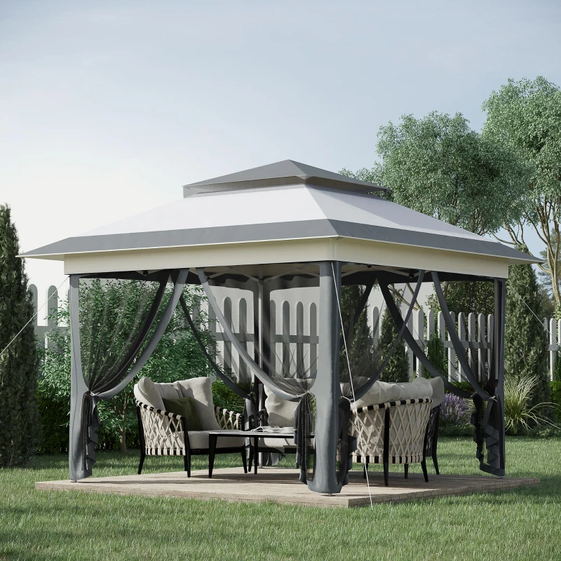 Outsunny 12'x12' Heavy Duty Pop Up Canopy with Center Lift Hook Design, Mesh Sidewall Netting, 3-Level Adjustable Height, Grey