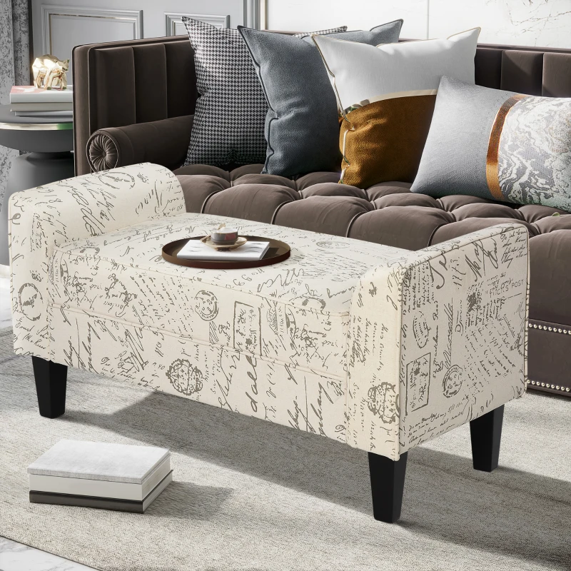 HOMCOM 42" Ottoman Bench, Modern Linen Armed Entryway Bench, Signature Print with Cream White Parchment Background