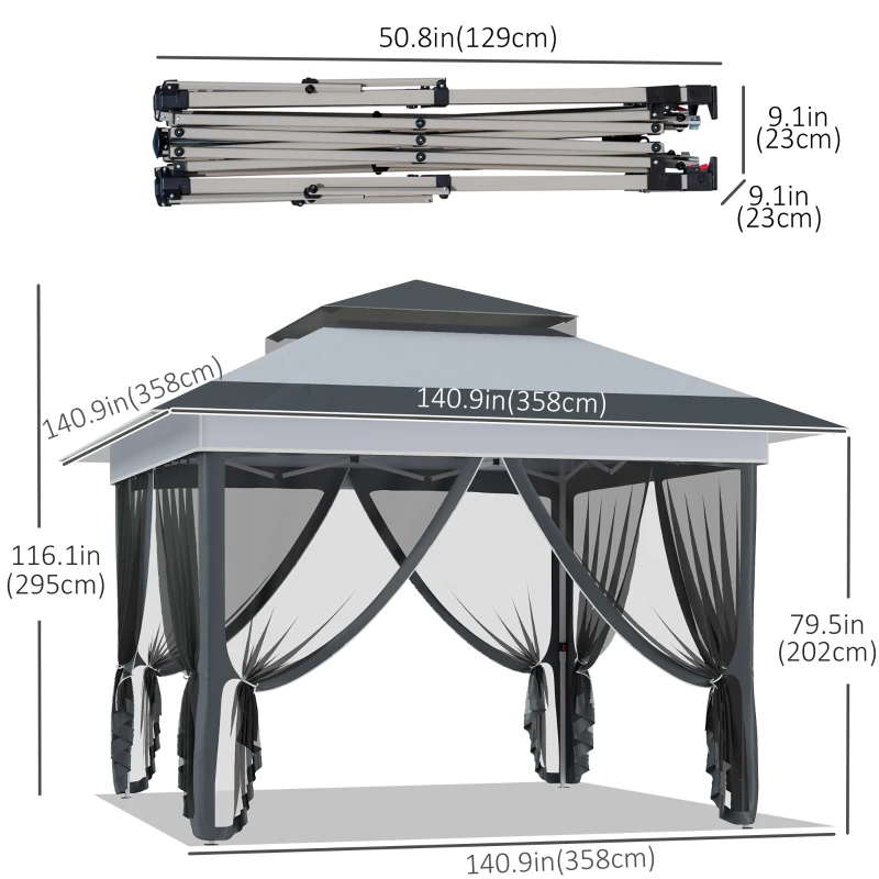 Outsunny 12'x12' Heavy Duty Pop Up Canopy with Center Lift Hook Design, Mesh Sidewall Netting, 3-Level Adjustable Height, Grey