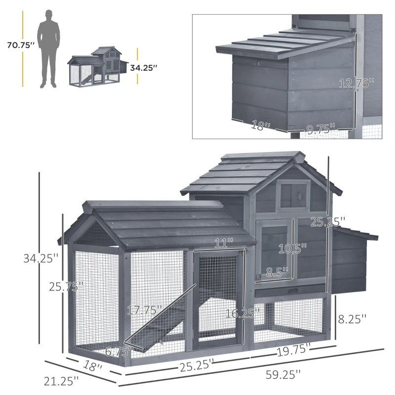 PawHut 59" Small Wooden Chicken coop Hen House Poultry Cage for Outdoor Backyard with 2 Doors, Nesting Box and Removable Tray, Gray