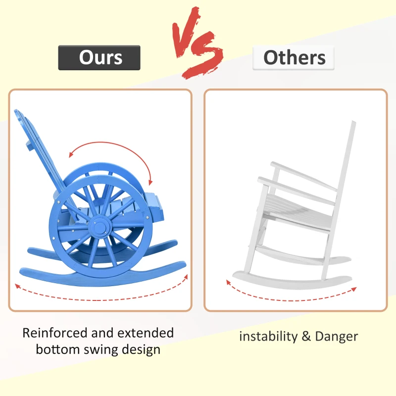 Outsunny Rustic Wood Adirondack Rocking Patio Chair w/ Slatted Design, Wheel Armrests, Blue