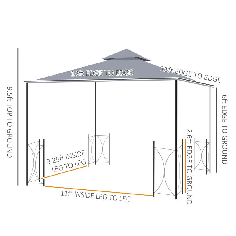Outsunny 13x11 Gazebo with Sides, with Curtains, Removable Netting, Double Vented Roof, 8 Drainage holes, Aluminum Frame and Hooks, for Garden, Backyard, Patio, Gray