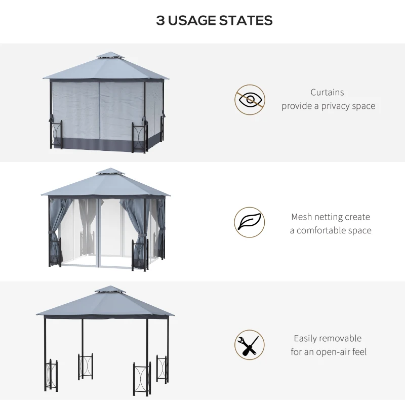 Outsunny 13x11 Gazebo with Sides, with Curtains, Removable Netting, Double Vented Roof, 8 Drainage holes, Aluminum Frame and Hooks, for Garden, Backyard, Patio, Gray