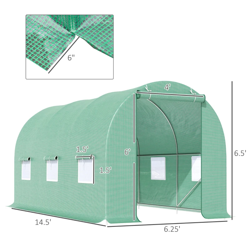 Outsunny 15' x 7' x 7' Walk-in Tunnel Hoop Greenhouse, Green House for Outside with PE Cover, Steel Frame, Roll-Up Zipper Door & Windows for Flowers, Vegetables, Tropical Plants, Green