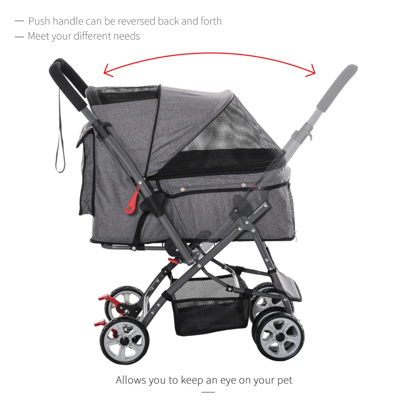 PawHut Pet Stroller Foldable Dog/Cat Travel Carriage with Reversible Handle EVA Wheels Brakes Storage Bag, 3-stage Canopy, Zippered Mesh Window Door, Grey