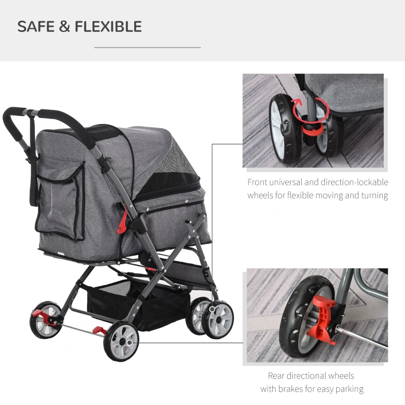 PawHut Pet Stroller Foldable Dog/Cat Travel Carriage with Reversible Handle EVA Wheels Brakes Storage Bag, 3-stage Canopy, Zippered Mesh Window Door, Grey