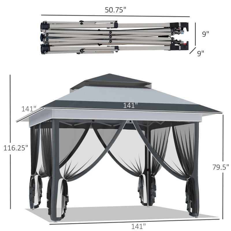 Outsunny 12' x 12' Pop Up Canopy Sun Shade Instant Tent Folding with Mesh Sidewall Netting, 3-Level Adjustable Height and Storage Bag, Grey