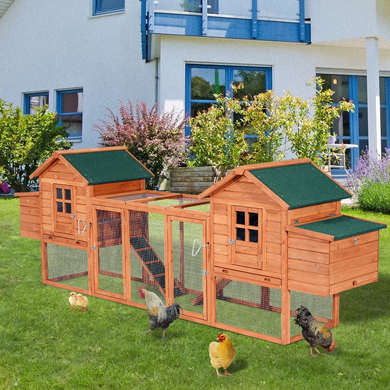 PawHut 124" Dual Chicken Coop Wooden Large Chicken House Rabbit Hutch Hen Poultry Cage Backyard with Outdoor Ramps and Nesting Boxes