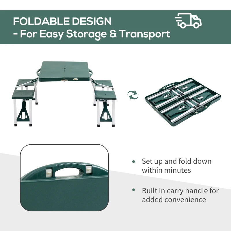 Outsunny 53" Camping Table and Chairs, Foldable with 4 seat Plastic Portable Compact Suitcase, Camping Table Set with Umbrella Hole, Green
