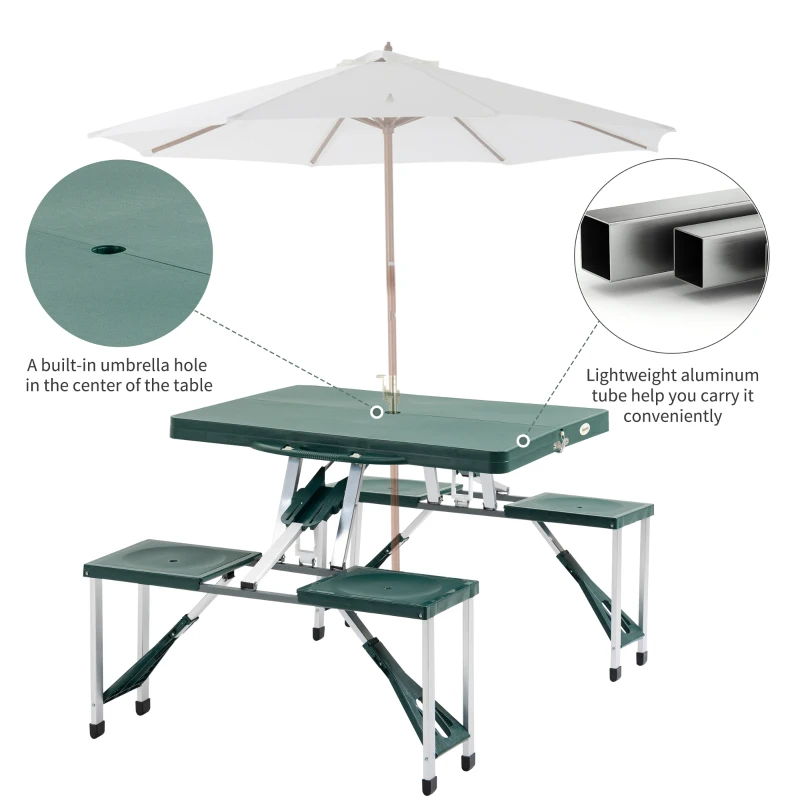 Outsunny 53" Camping Table and Chairs, Foldable with 4 seat Plastic Portable Compact Suitcase, Camping Table Set with Umbrella Hole, Green