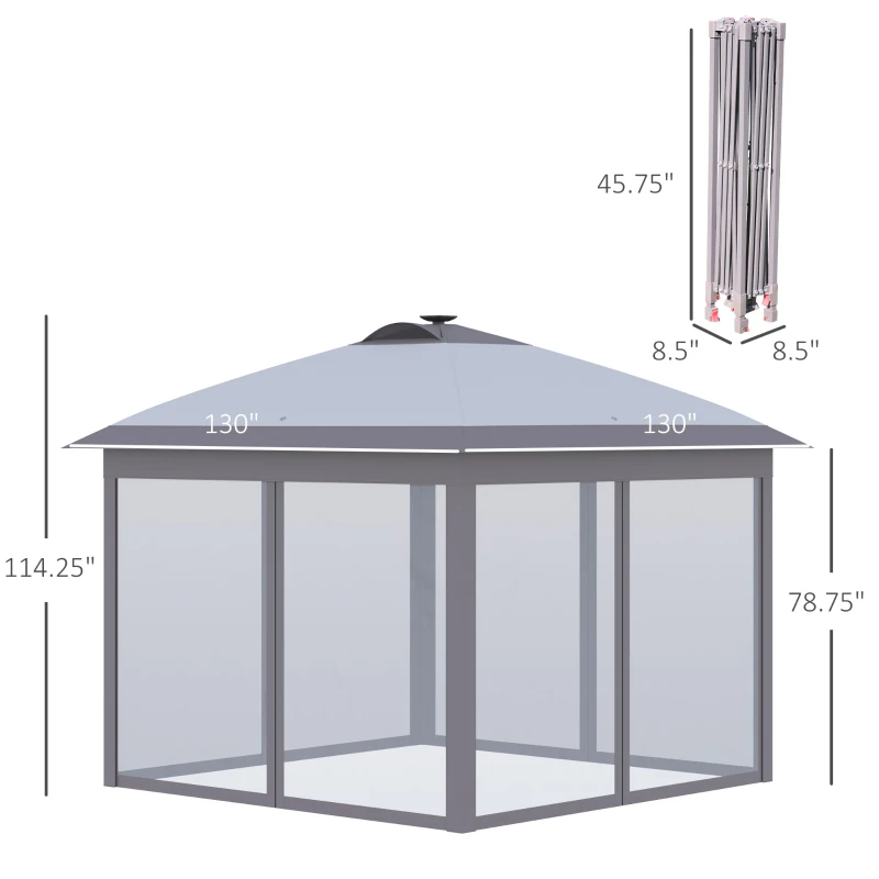Outsunny 11'x11' Pop Up Gazebo Canopy Tent with Solar LED Light, Zippered Mesh Sidewalls, Grey