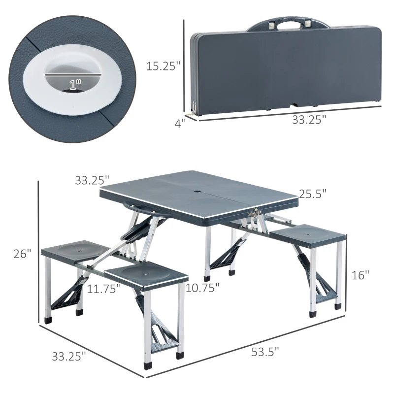 Outsunny 53" Portable Camping Table with 4 seat Portable Folding, Aluminum Picnic Table with Chairs and Umbrella Hole, Grey