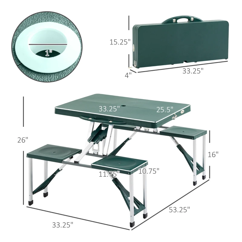 Outsunny 53" Camping Table and Chairs, Foldable with 4 seat Plastic Portable Compact Suitcase, Camping Table Set with Umbrella Hole, Green