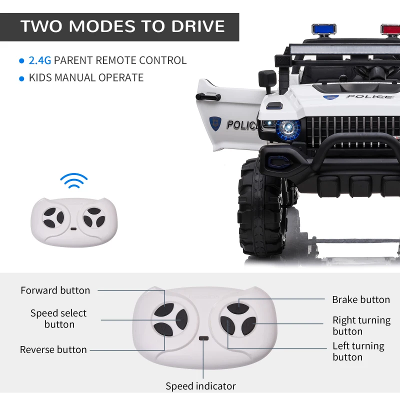 Aosom 53" L 2-Seater 12V Police Car Ride On Truck with Remote Control, Battery Operated Electric Car for Kids with Suspension, MP3 Player, Lights, Music, Horn, White(m-7)