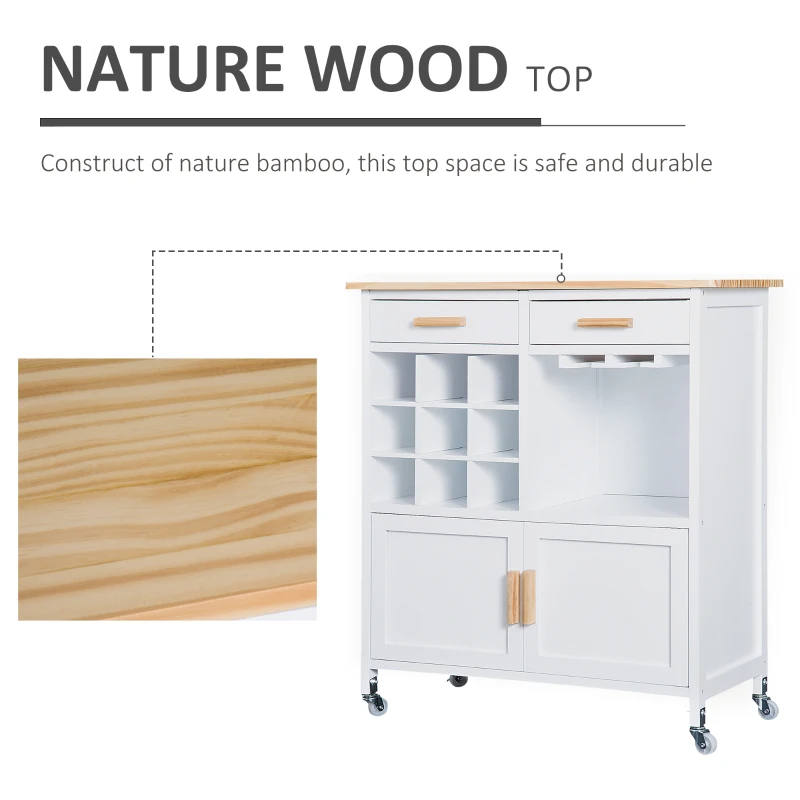 HOMCOM Portable Kitchen Trolley with Bamboo Top Storage Cabinet and Wine Rack (White)