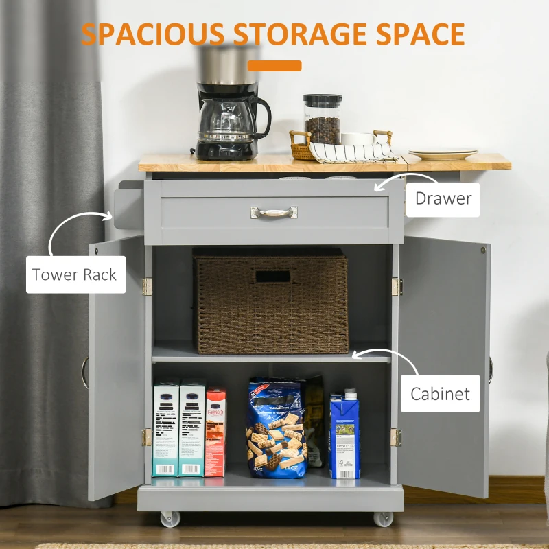 HOMCOM Foldable Kitchen Island with Storage Drawer, Farmhouse Style Rolling Utility Cart, Coffee Bar Cabinet on Wheels with Drop-Leaf Wood Top, Grey