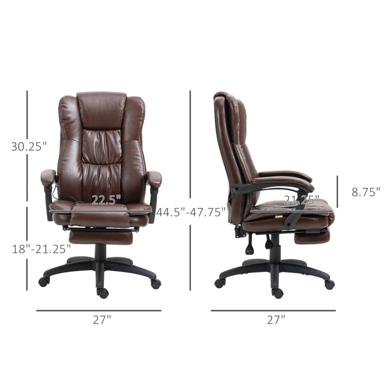 Vinsetto High Back Massage Office Chair with 6-Point Vibration, 5 Modes, Executive Chair, PU Leather Swivel Chair with Reclining Back, and Retractable Footrest, Brown