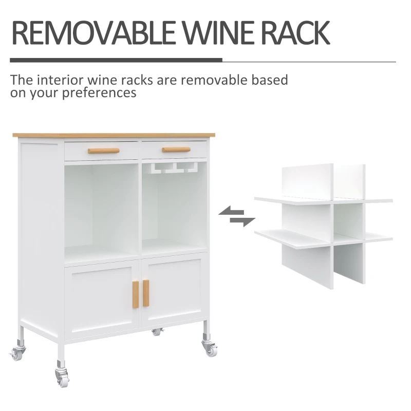 HOMCOM Portable Kitchen Trolley with Bamboo Top Storage Cabinet and Wine Rack (White)