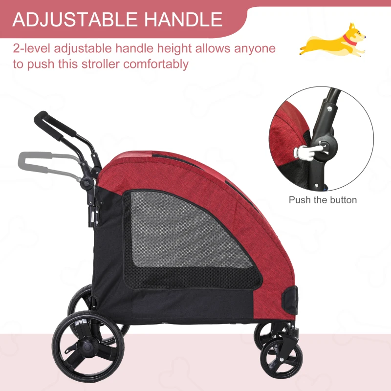 PawHut 4 Wheel Pet Stroller with Storage Basket, Afjustable Handle, Ventilated Oxford Fabric for Medium Size Dogs Cat Red