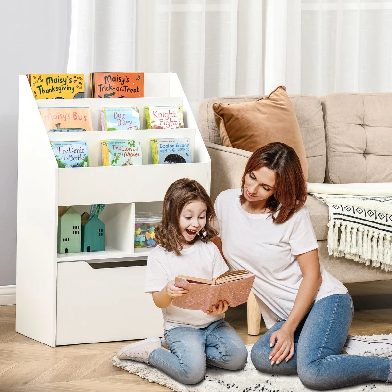 HOMCOM Kids Bookcase Multi-Shelf Book Rack with Mobile Drawer for Books, Toys, White