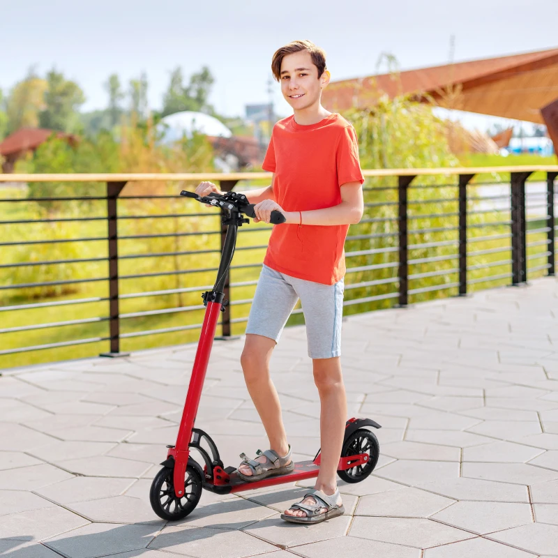 Soozier Kick Scooter Folding Adjustable Ride On Toy w/ Dual Braking System, Rear Shock Absorption and 8" Big Wheels For 14+ Teens Adult, Red