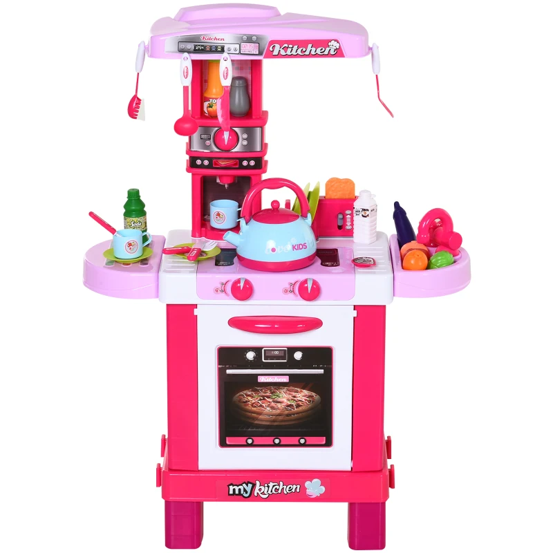 HOMCOM  Kids Kitchen Play Set Children Chef Play Game Toy Cook Bake Boil w/ 33Pc Toy Accessories, Light, Sound - Pink