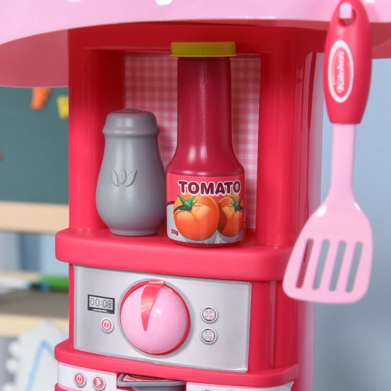 Qaba Kids Kitchen Set Kitchen Playset Pretend Toy Children Role Play Game Toy with Light & Sound Function  38Pcs Toy Accessories - Pink