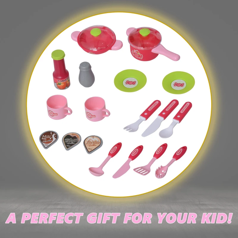 Qaba Kids Kitchen Set Kitchen Playset Pretend Toy Children Role Play Game Toy with Light & Sound Function  38Pcs Toy Accessories - Pink