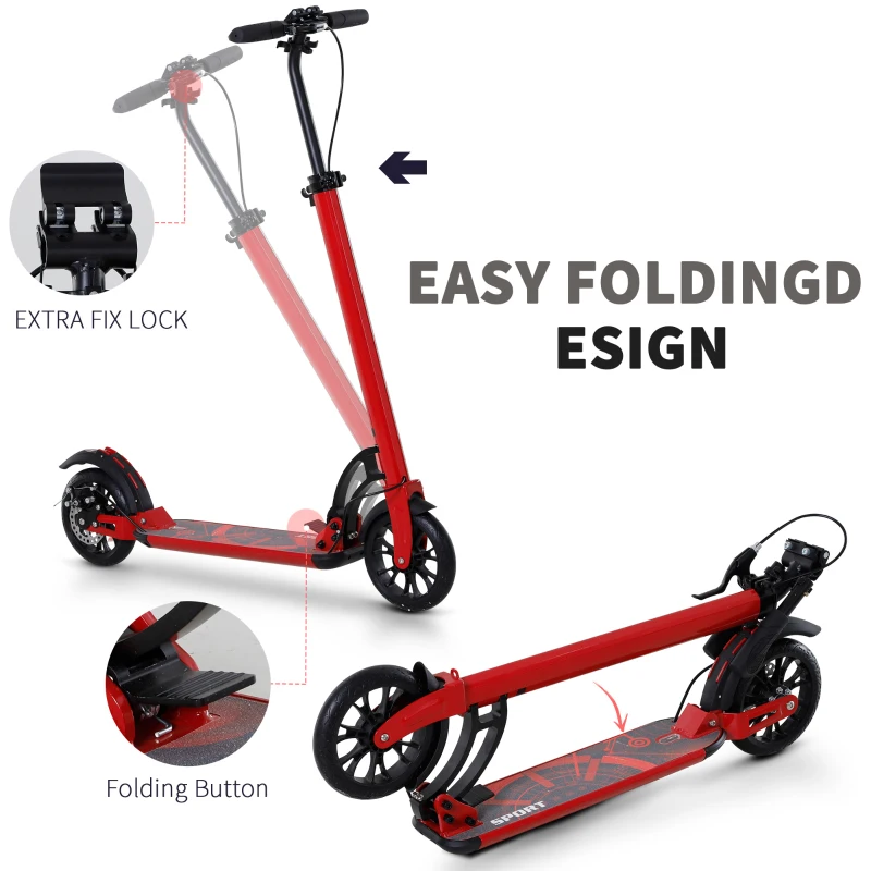 Soozier Kick Scooter Folding Adjustable Ride On Toy w/ Dual Braking System, Rear Shock Absorption and 8" Big Wheels For 14+ Teens Adult, Red