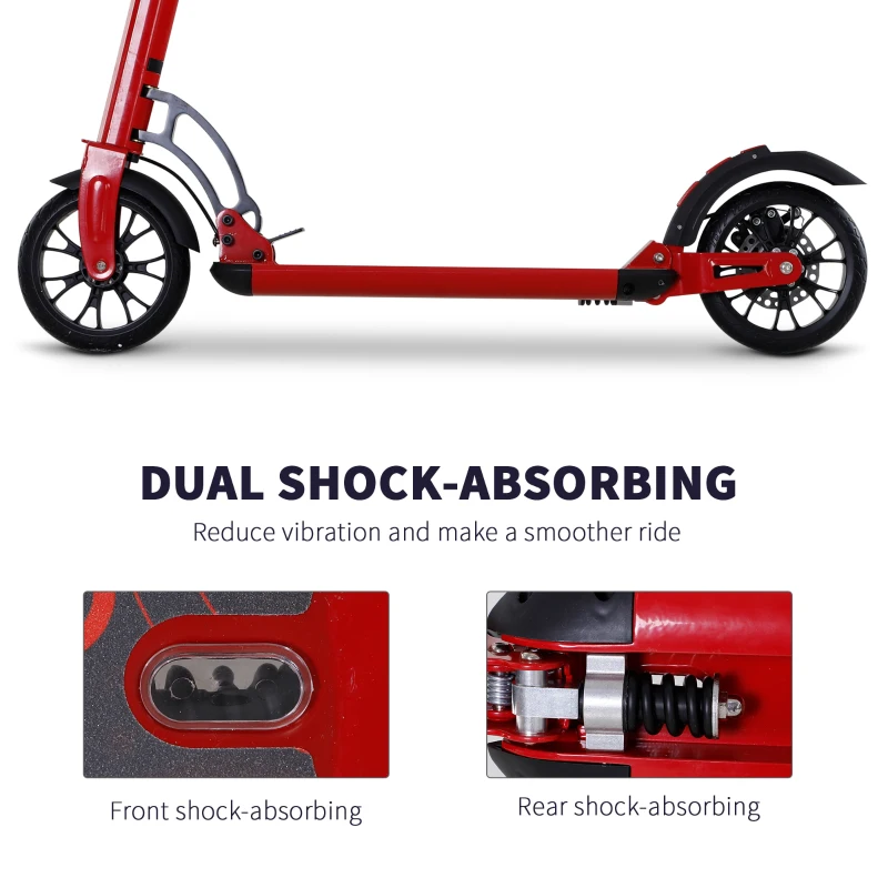 Soozier Kick Scooter Folding Adjustable Ride On Toy w/ Dual Braking System, Rear Shock Absorption and 8" Big Wheels For 14+ Teens Adult, Red