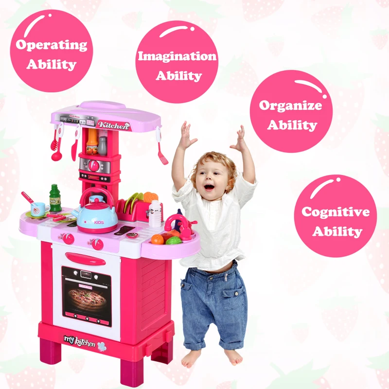 HOMCOM  Kids Kitchen Play Set Children Chef Play Game Toy Cook Bake Boil w/ 33Pc Toy Accessories, Light, Sound - Pink