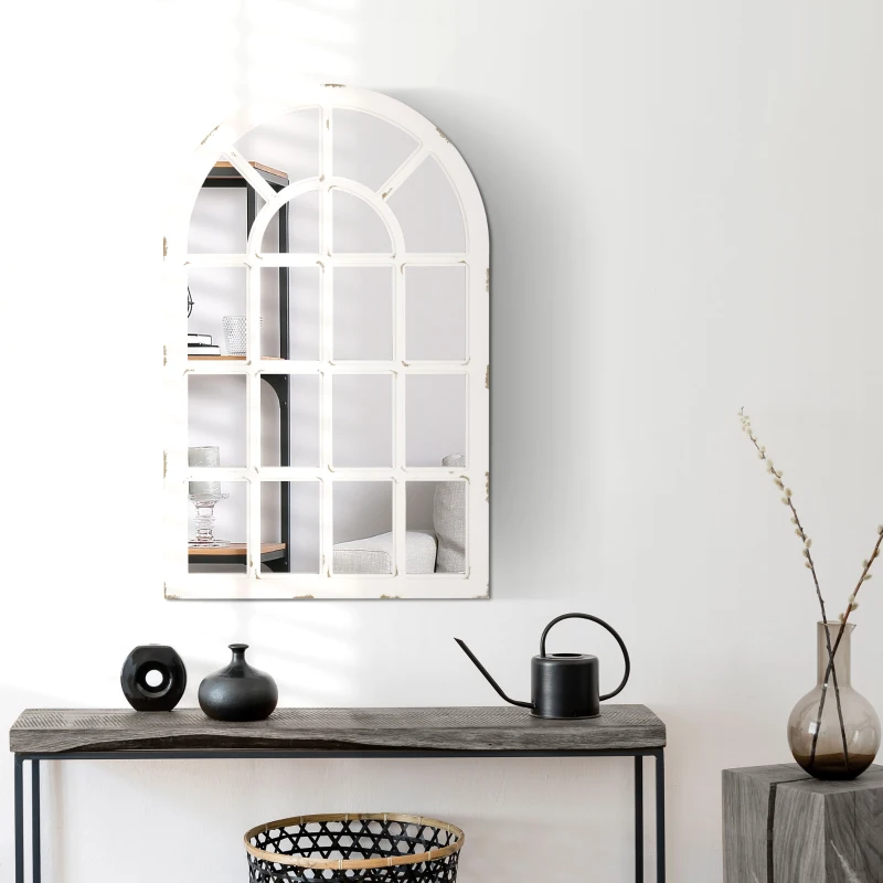 HOMCOM 43" x 27.5" Large Wall Mirror, Arch Window Mirror for Wall Decor in Living Room, Bedroom, Entryway, Rustic White