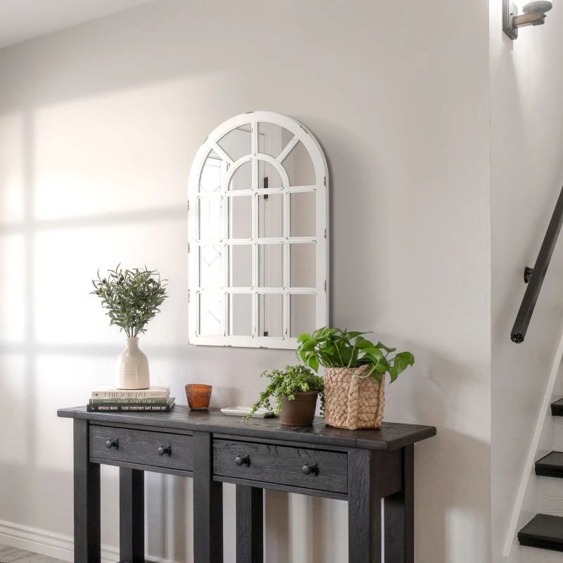 HOMCOM 43" x 27.5" Large Wall Mirror, Arch Window Mirror for Wall Decor in Living Room, Bedroom, Entryway, Rustic White