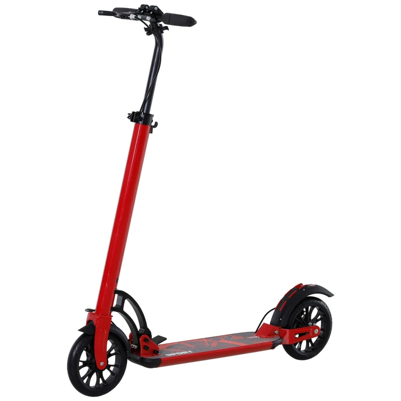Soozier Kick Scooter Folding Adjustable Ride On Toy w/ Dual Braking System, Rear Shock Absorption and 8" Big Wheels For 14+ Teens Adult, Red