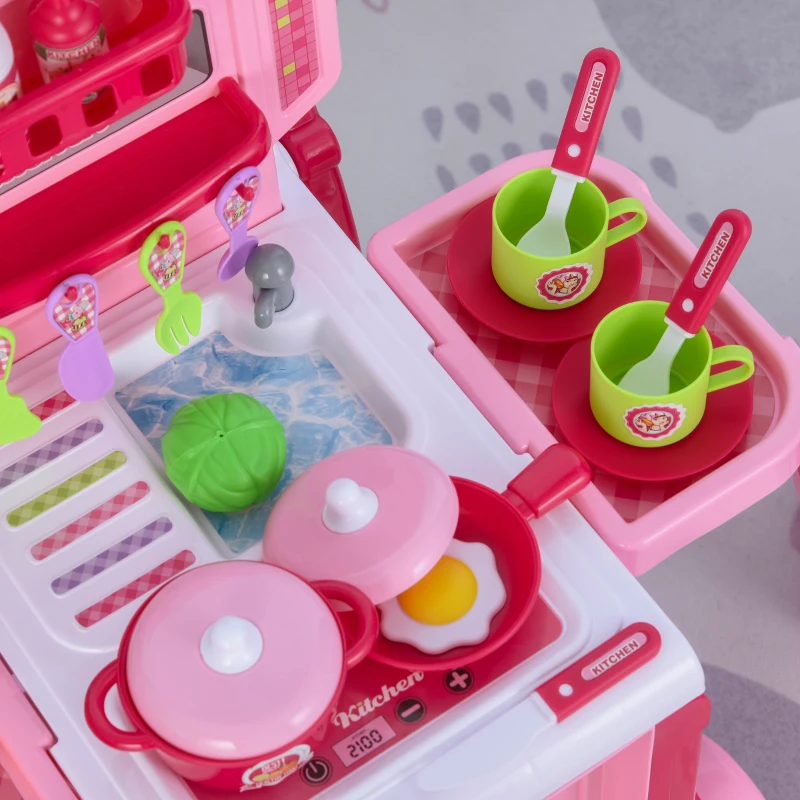 Qaba Pretend Play Kitchen Playset Chef Role Play Game 3-in-1 Design Suitcase Cart with 42 Pcs Accessories for Girls and Boys 3 to 6 Years Old Pink