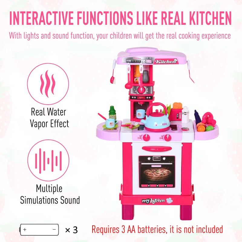 HOMCOM  Kids Kitchen Play Set Children Chef Play Game Toy Cook Bake Boil w/ 33Pc Toy Accessories, Light, Sound - Pink