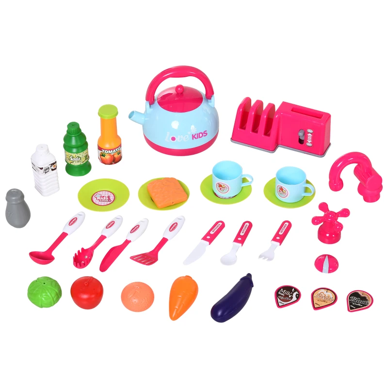 HOMCOM  Kids Kitchen Play Set Children Chef Play Game Toy Cook Bake Boil w/ 33Pc Toy Accessories, Light, Sound - Pink