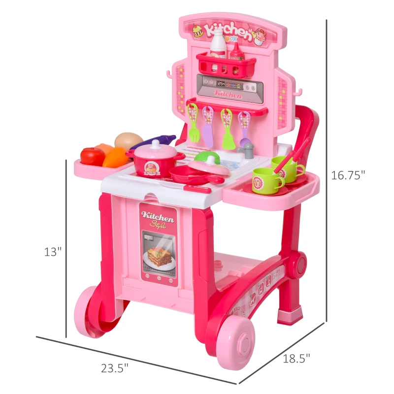 Qaba Pretend Play Kitchen Playset Chef Role Play Game 3-in-1 Design Suitcase Cart with 42 Pcs Accessories for Girls and Boys 3 to 6 Years Old Pink