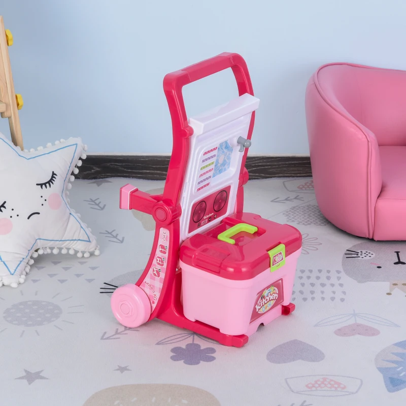 Qaba Pretend Play Kitchen Playset Chef Role Play Game 3-in-1 Design Suitcase Cart with 42 Pcs Accessories for Girls and Boys 3 to 6 Years Old Pink