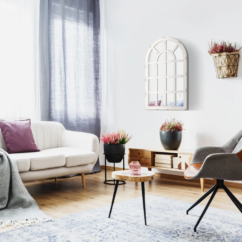 HOMCOM 43" x 27.5" Large Wall Mirror, Arch Window Mirror for Wall Decor in Living Room, Bedroom, Entryway, Rustic White